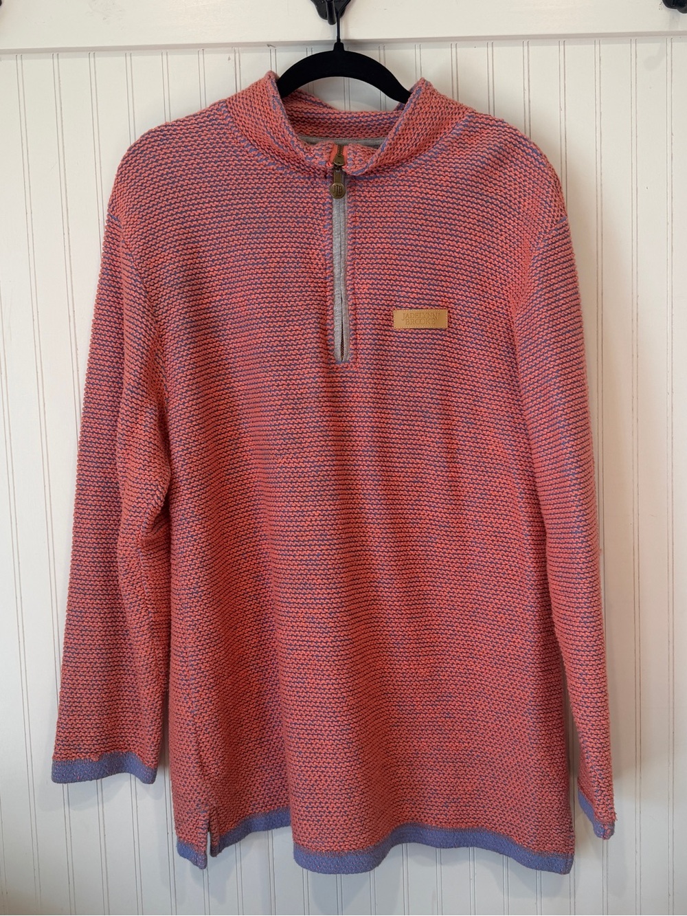 Jadelynn Brooke XL Coral Pink Blue Knit Quarter Zip Pullover Sweater Preppy